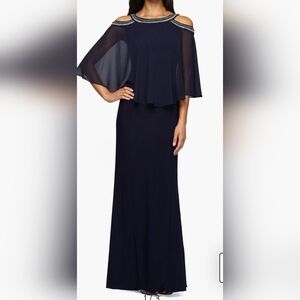 Alex Evenings Womens Embellished Formal Dress Cold Shoulder Navy SZ 16